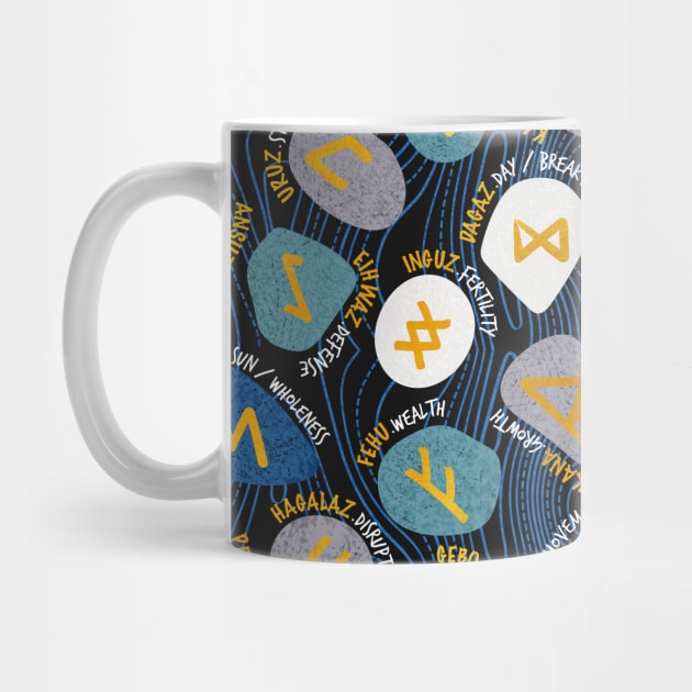 Mystical Viking Runes // pattern // black background blue grey and teal stones golden letters of the runic alphabet by SelmaCardoso